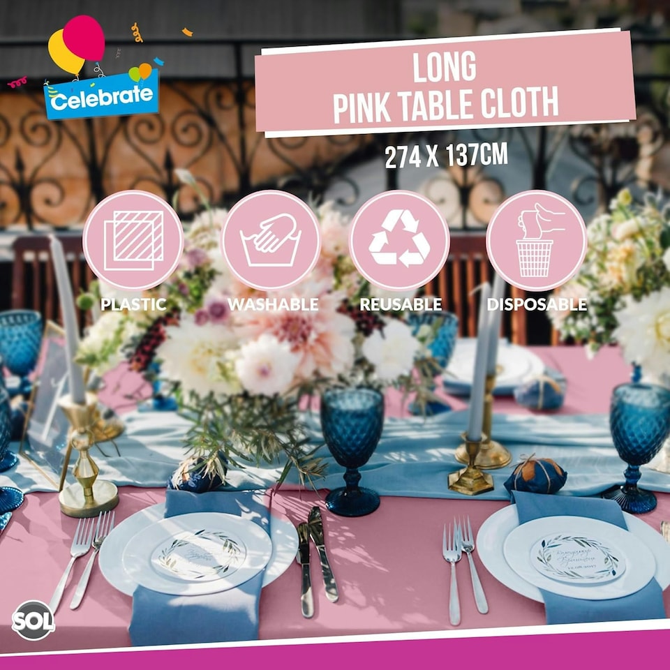 image 1 of SOL 2pk Long Pink Table Cloth Party 274x137cm Plastic Cover Disposable Pink