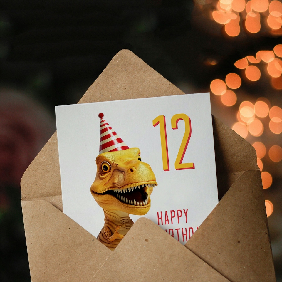 image 1 of T-Rex Dinosaur Party Hat Kids Age 12 Year Child Kids 12th Birthday Card