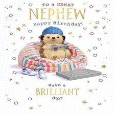 Words 'n' Wishes Great Nephew Large Birthday Card for Boys, Gaming Hedgehog in Basketball Cap with Embossed Foil Details