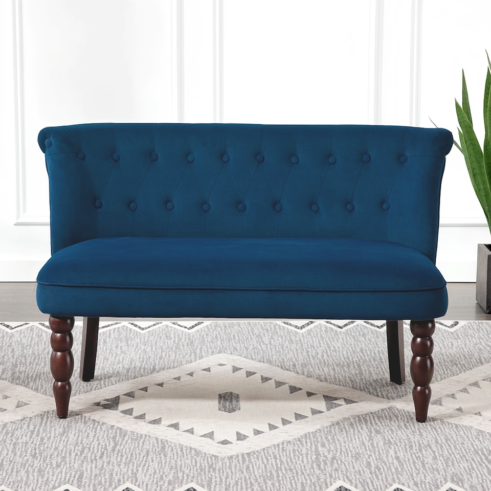 image 1 of HOMCOM Velvet 2 Seater Sofa, Button Tufted Wingback Loveseat with Rubber Wood Legs for Living Room, Bedroom, Dark Blue | Blue | Two Seater