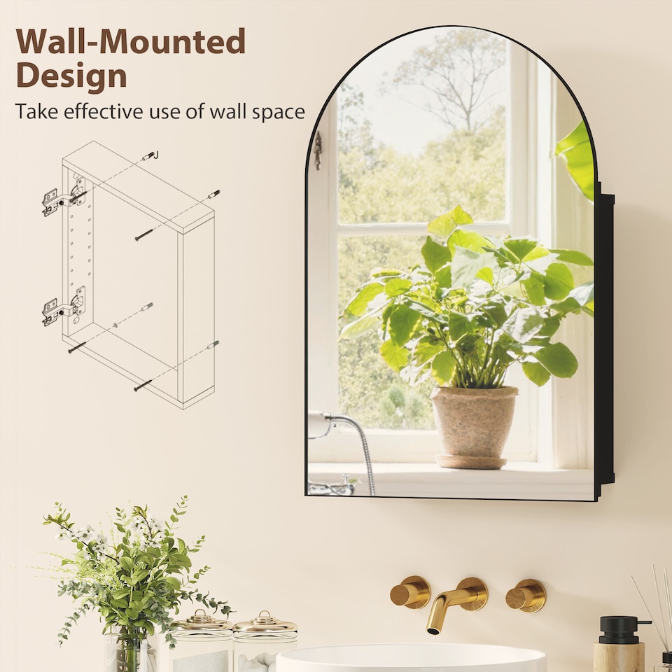 image 1 of HOMCOM Bathroom Mirror Cabinet with Mirror Arched Wall Cabinet Black | Black | Black | 50 x 12 x 76 cm