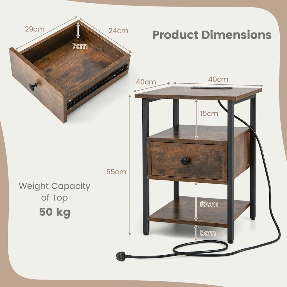 image 1 of COSTWAY 3-Tier Nightstand w/ Charging Station | Brown