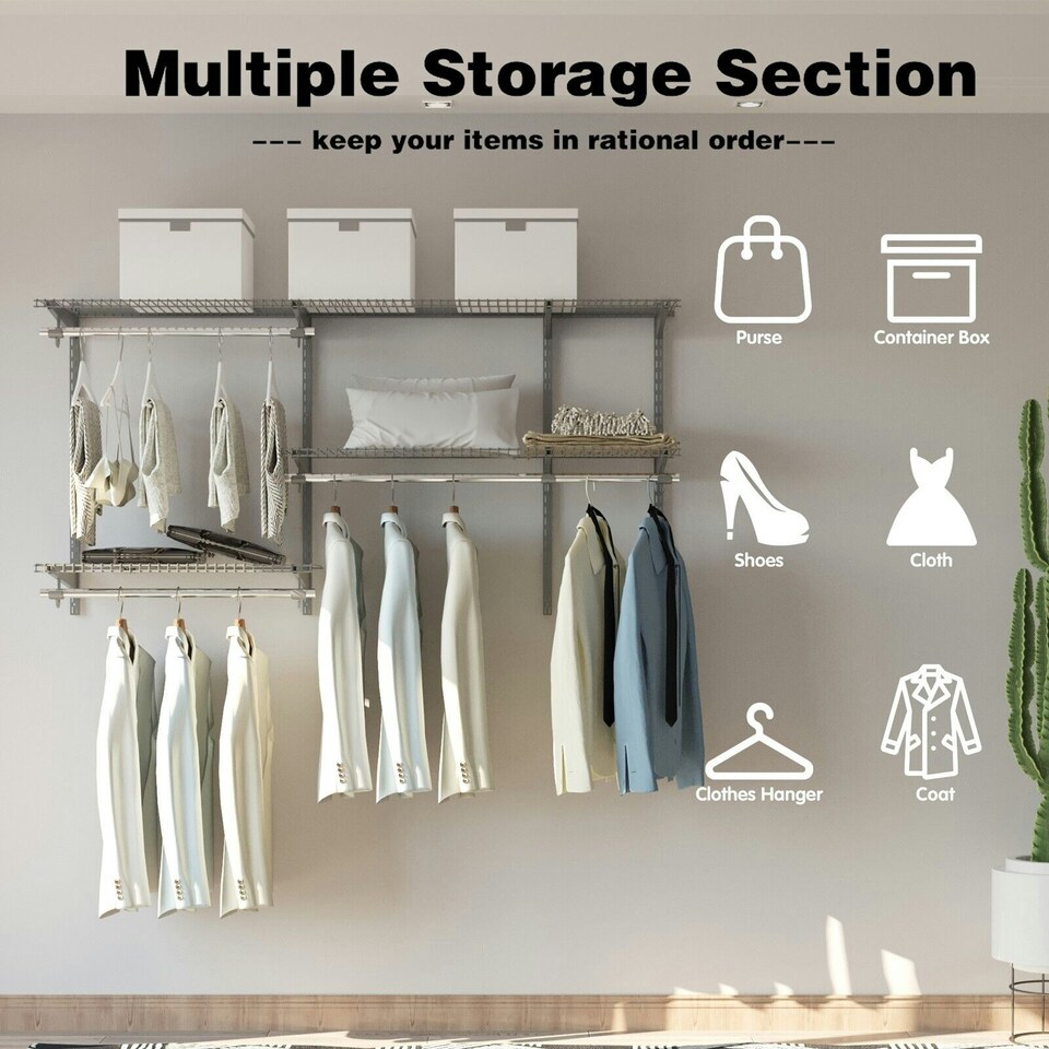 image 1 of COSTWAY Wall Mounted Closet System Hanging Organizer Rack Grey | One Size