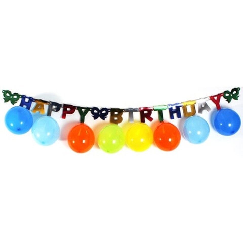 Multi Coloured Happy Birthday Banner with 10 Hanging Balloons 2m