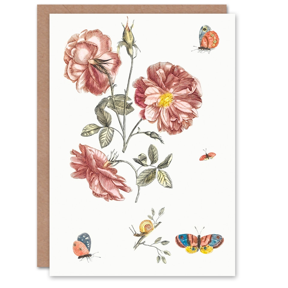 image 1 of Johan Teyler Art Card Rose Flowers Butterflies and a Snail