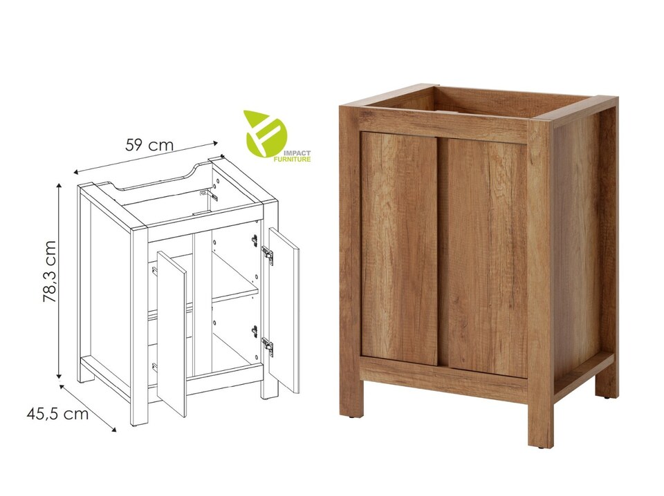image 1 of Bathroom Furniture Set 600 Sink Vanity, Mirror, Freestanding Storage Cabinet Oak Effect Classic