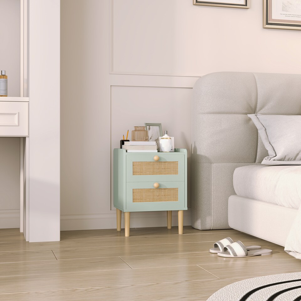 image 1 of HOMCOM Bedroom Chest of Drawers, Boho Rattan Dresser with 2 Drawers, Storage Cabinet for Living Room, Hallway, Entryway, Olive Green | Green | Olive Green