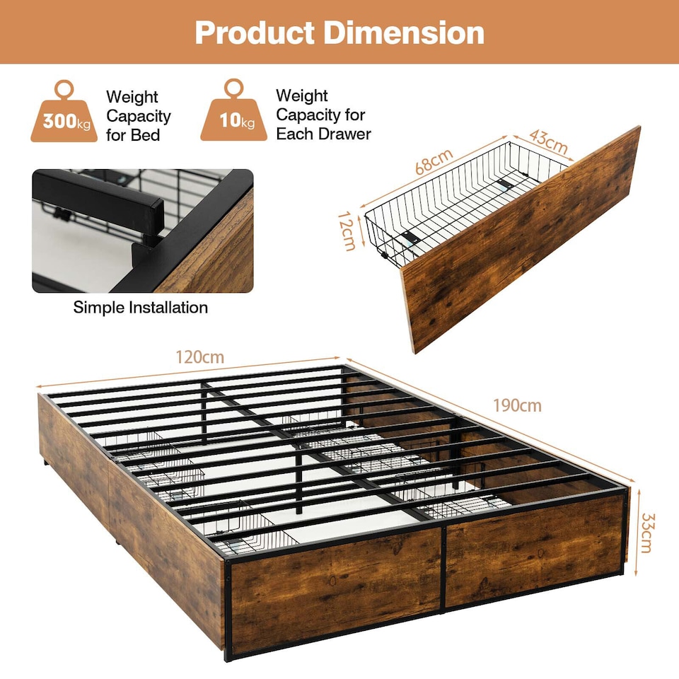 image 1 of COSTWAY Double Metal Bed Frame with 4 Underbed Drawers Brown