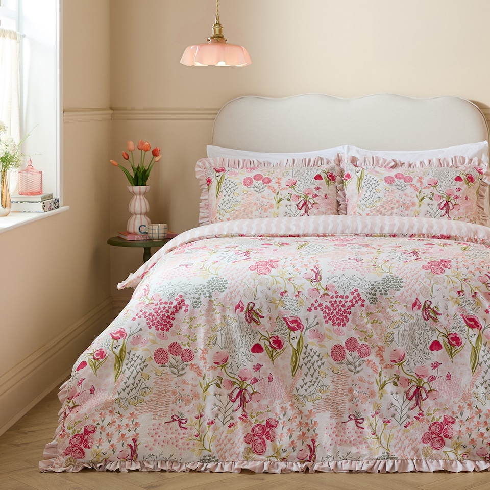 image 1 of Furn Gardenia Reversible Ruffle Duvet Cover Set | Pink | Pink/Pebble | King | 1