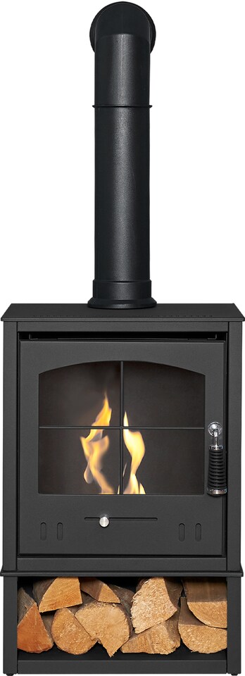 image 1 of OKO S2 Bio Ethanol Stove with Log Storage in Charcoal Grey with Tall Angled Stove Pipe