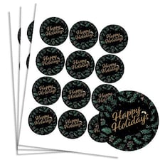 Christmas Happy Holidays Black Round Stickers 60mm - Sheet of 12