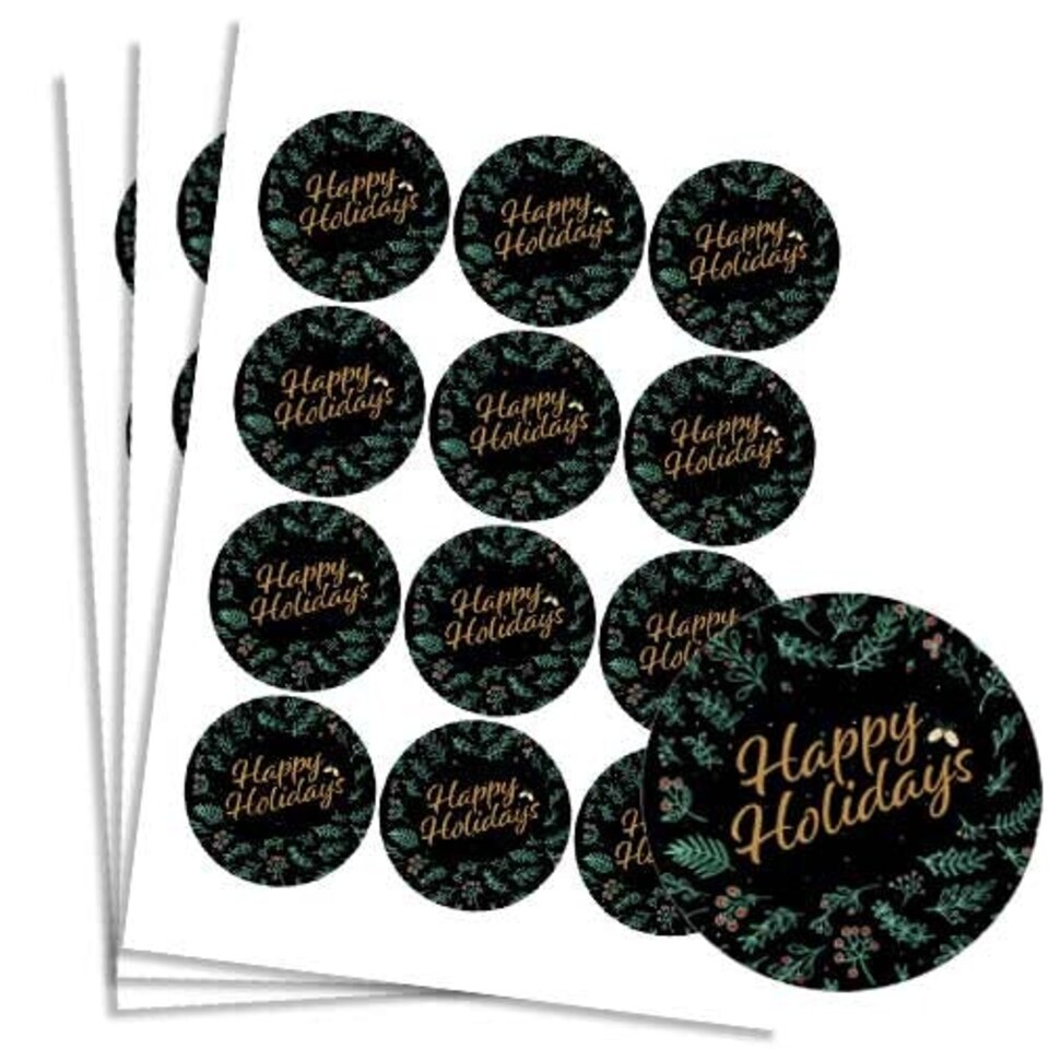 image 1 of Christmas Happy Holidays Black Round Stickers 60mm - Sheet of 12
