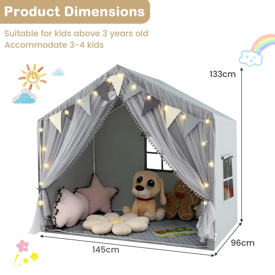 image 1 of COSTWAY Kids Play Tent 3-4 Kids Large Play Tent House Grey Grey