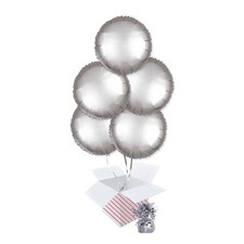 Platinum Silver Satin Luxe Round Foil Helium Balloon Bouquet - 5 Inflated Balloons In A Box