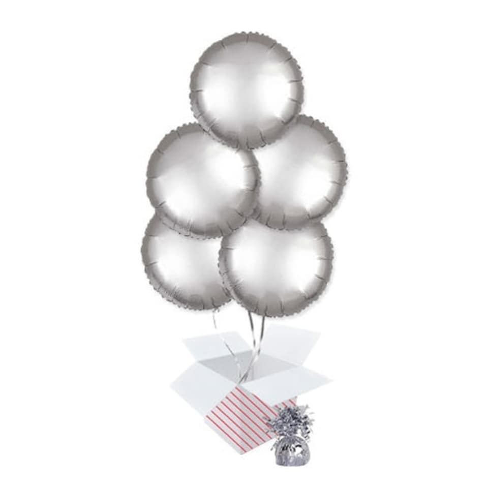 Platinum Silver Satin Luxe Round Foil Helium Balloon Bouquet - 5 Inflated Balloons In A Box