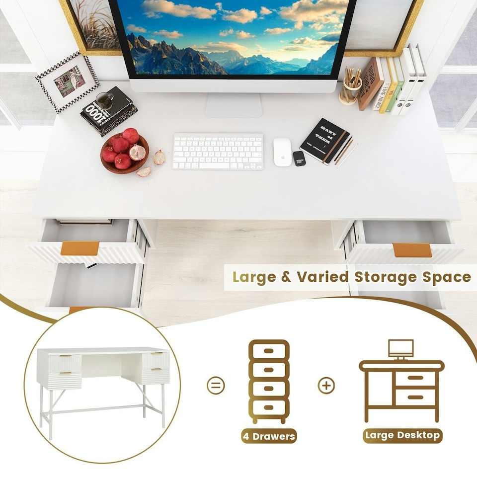 image 1 of COSTWAY Modern Computer Desk with 4 Drawers White