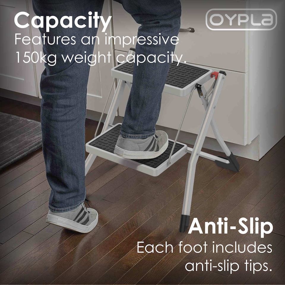 image 1 of Foldable 2 Step Ladder Stepladder Non Slip Tread Safety Steel Portable Stool | White