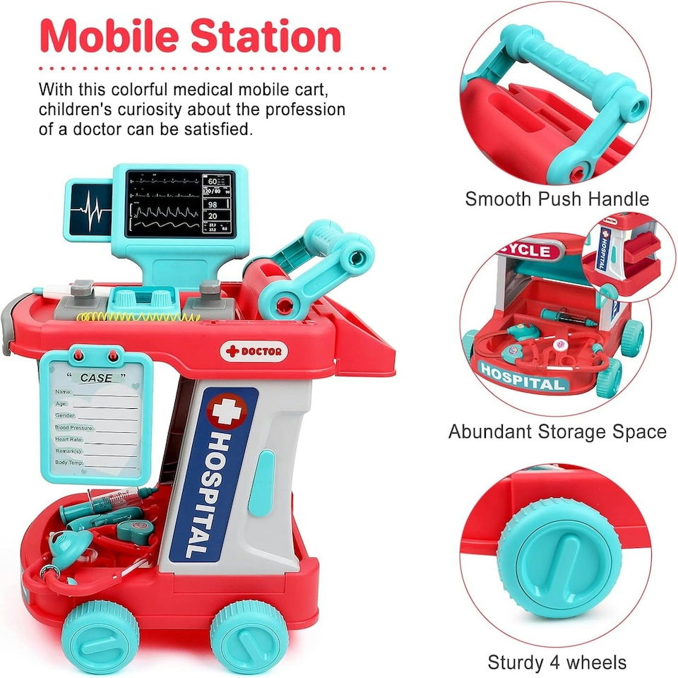 image 1 of Doctor Kit for Kids – 20-Piece Educational Medical Station Trolley Playset with Sounds & Accessories (Coral)