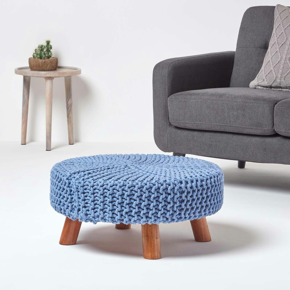 image 1 of Homescapes Blue Large Round Cotton Knitted Footstool on Legs