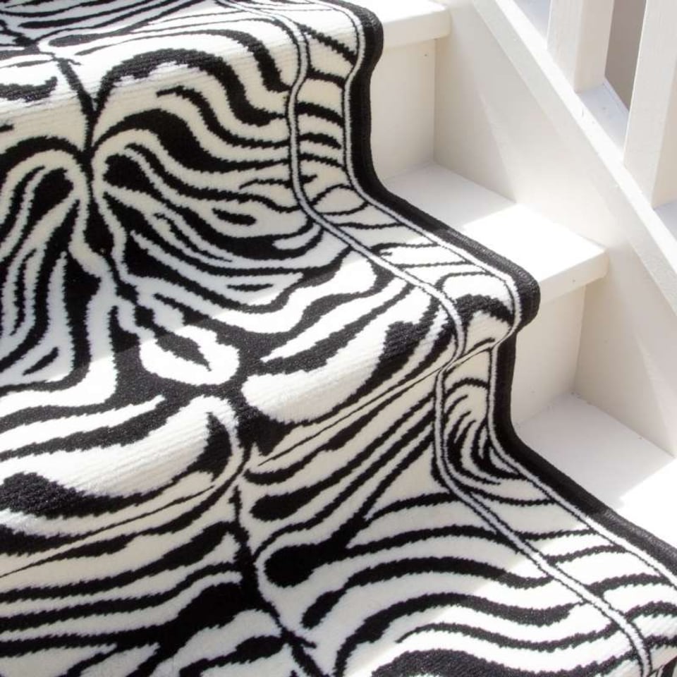 image 1 of KUKOON Black & White Zebra Print Cut to Measure Stair Carpet Runner Rug 60cm Wide 60cm x 240cm