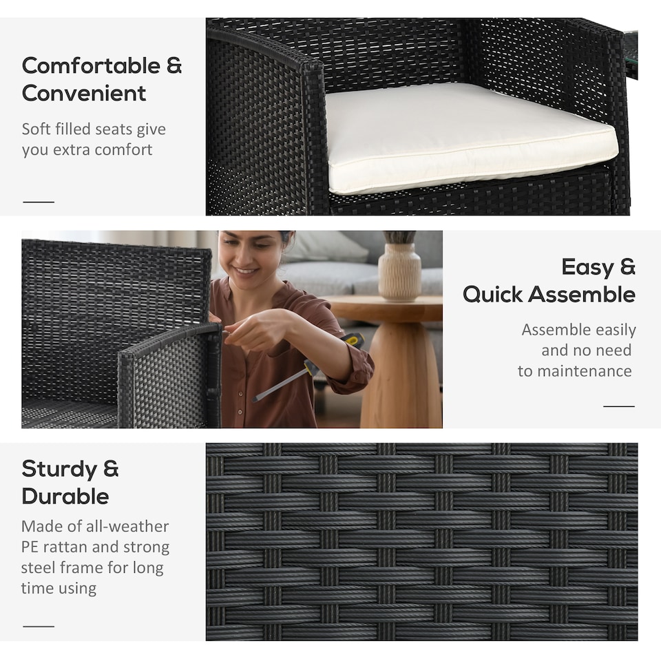 image 1 of Outsunny 3 Pieces Rattan Bistro Set, Wicker Garden Furniture Set, Glass Top 2 tier Coffee Table and Chairs Set with Pillows and Washable Cushions for Outdoor, Patio, Balcony, Black