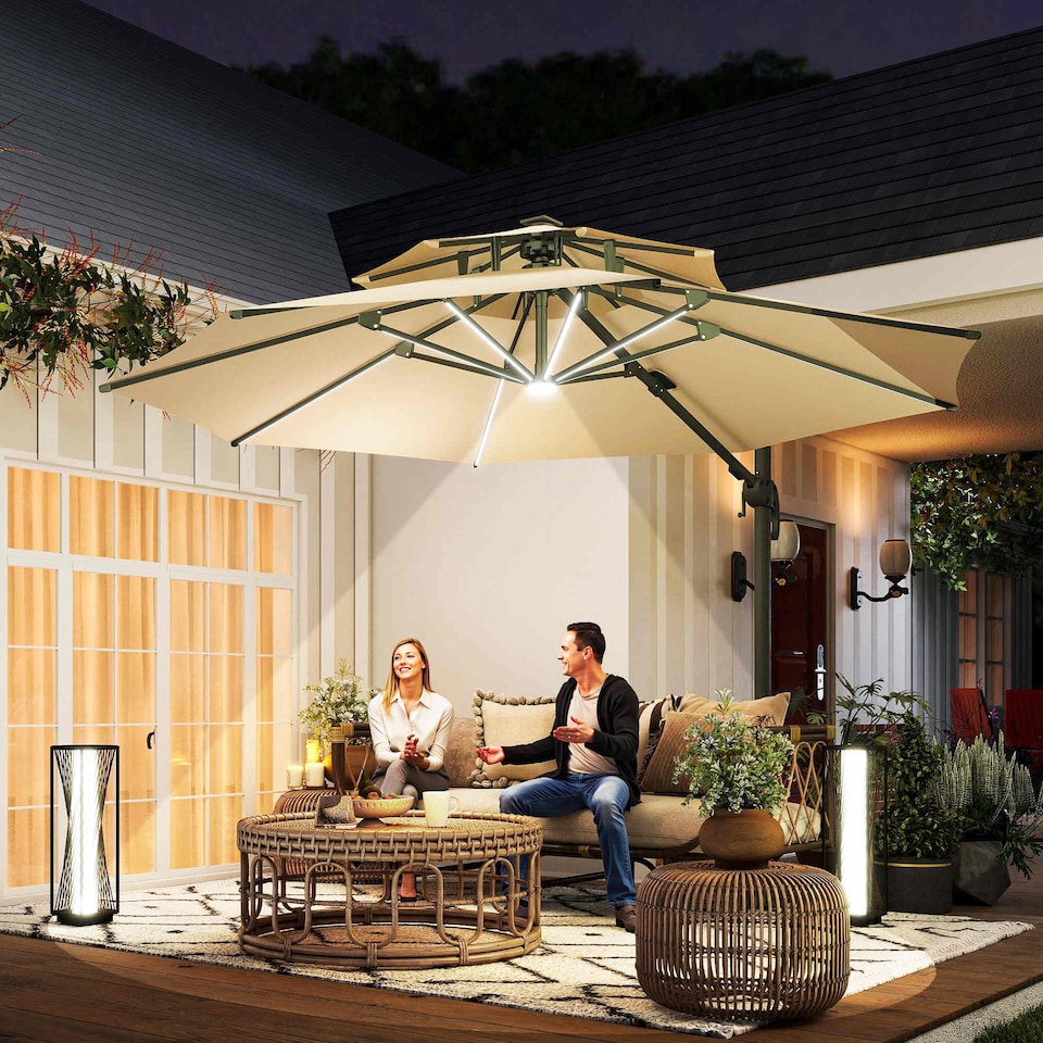 image 1 of Outsunny 3 m Cantilever Roma Parasol with LED Solar Lights, Crank and Tilt, Aluminium Frame, Cross Base and Adjustable Canopy 360 Rotating Sun Umbrella with 2Tier Shade, Beige