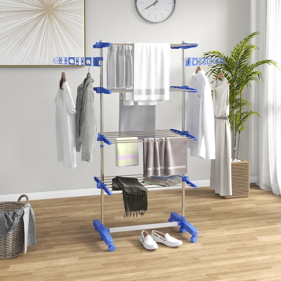 image 1 of HOMCOM 4-Tier Clothes Airer, Stainless Steel Foldable Clothes Drying Rack with Wheels and Wings, Indoor and Outdoor, Easy Assembly, 142 x 55 x 172cm, Blue