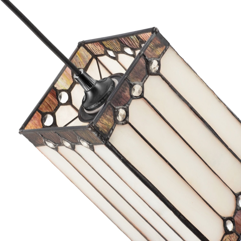 image 1 of Square Lantern Opal White Stained Glass Tiffany Pendant Shade with Clear Beads | White