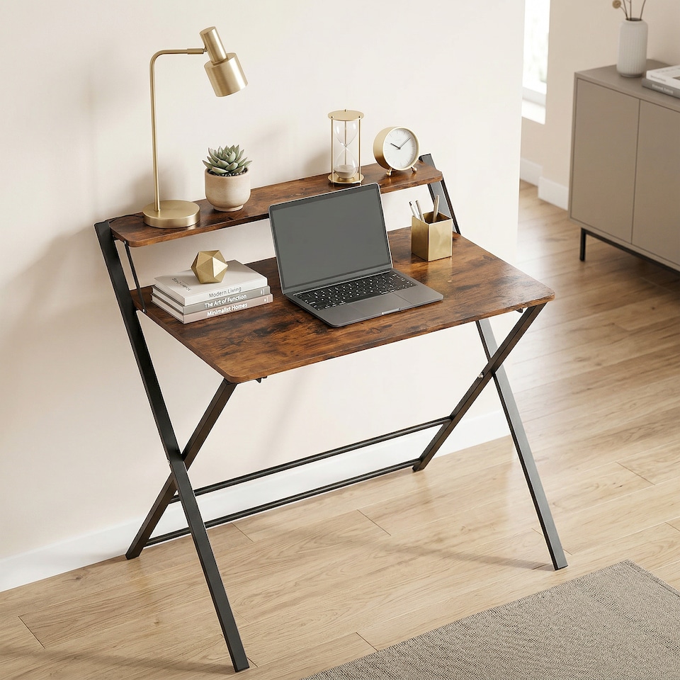image 1 of HOMCOM Folding Desk with 2-Tier Shelf for Home Office | Black