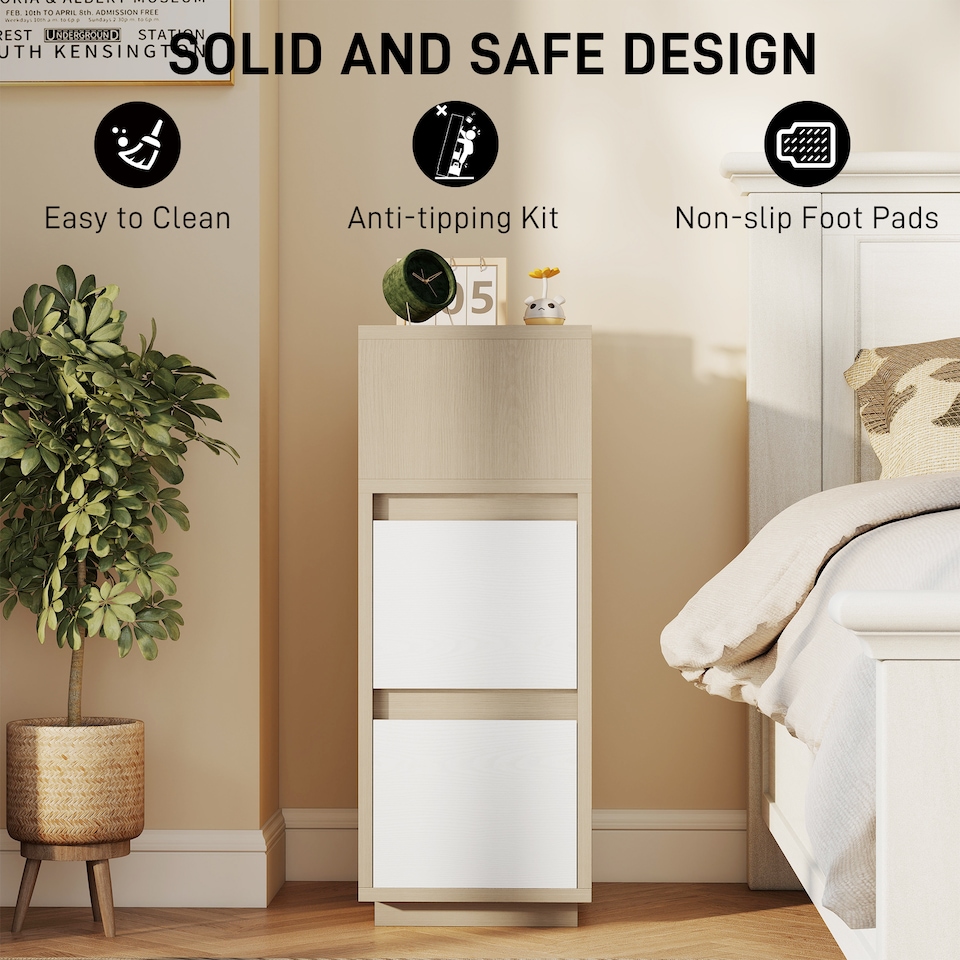 image 1 of HOMCOM Slim Bedside Table, Bedside Cabinet with Open Shelf and 2 Drawers