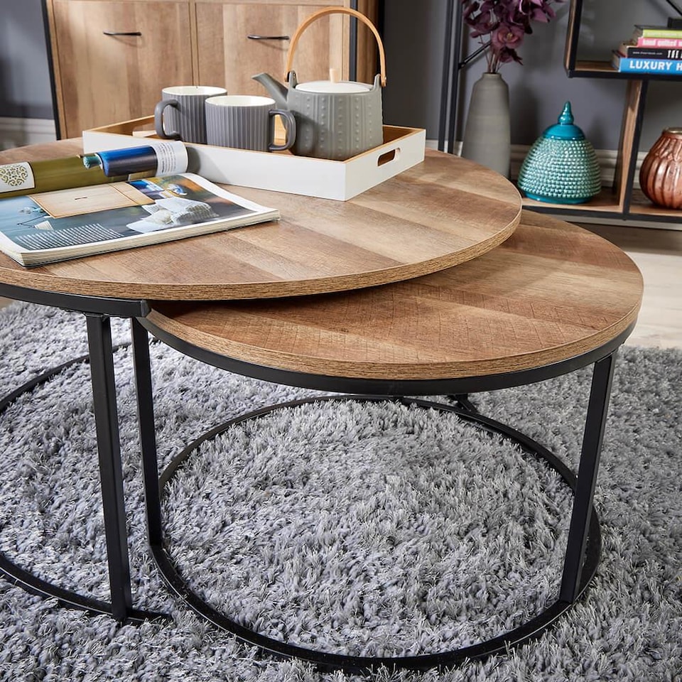 image 1 of Round Nest of 2 Coffee Tables Stackable Side Tables Unit Oak Effect Finish