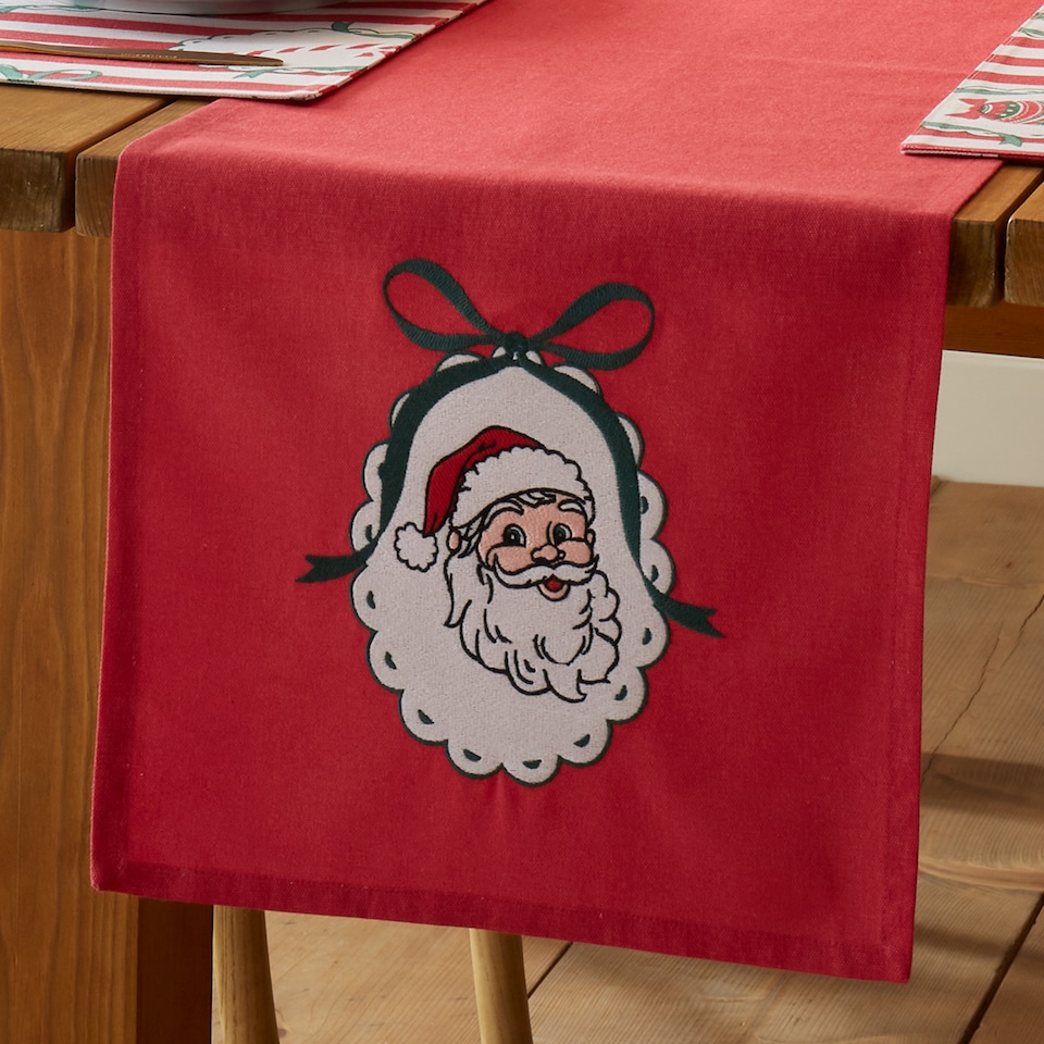 image 1 of Catherine Lansfield Christmas Vintage Stripe Embroidered Cotton Dining Table Runner