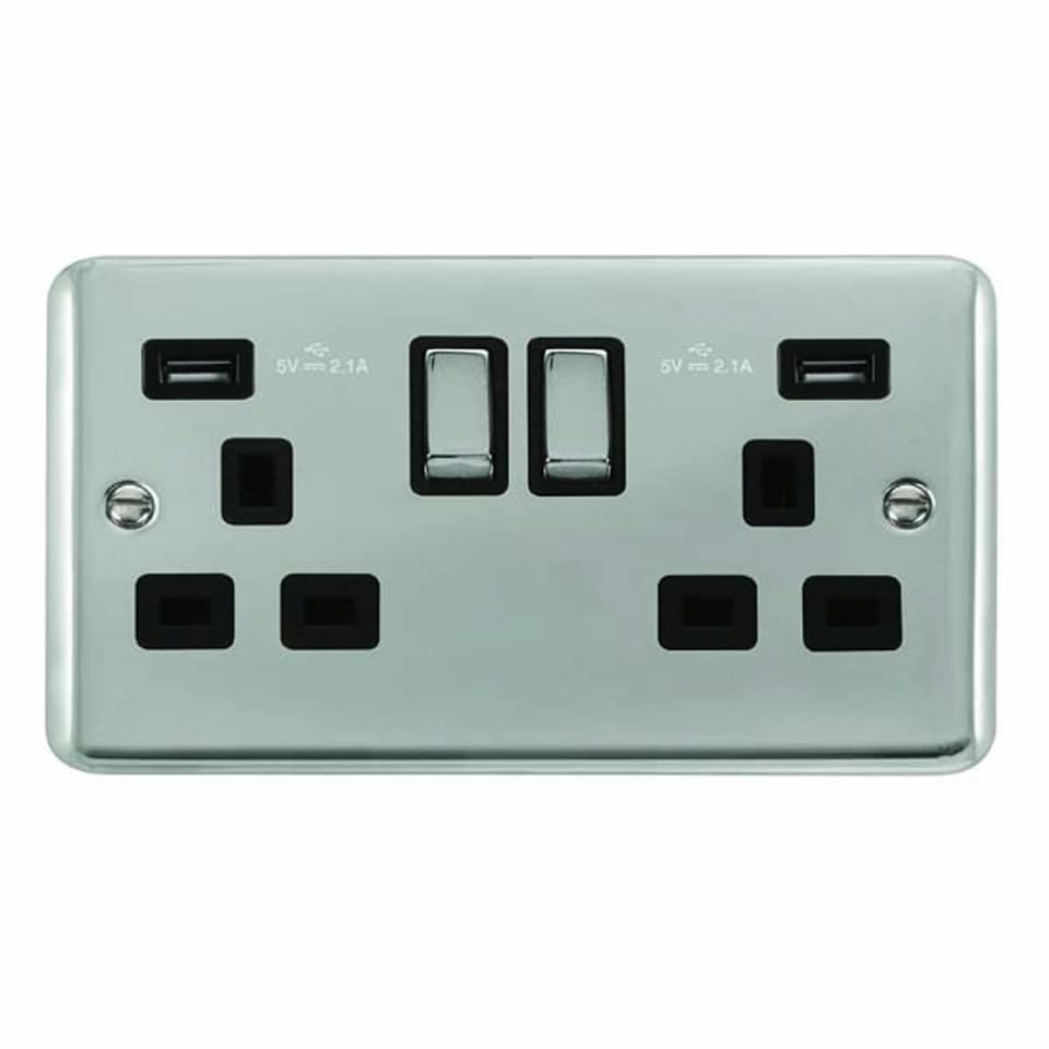 SE HOME Curved Polished Chrome 2 Gang 13A DP Ingot 2 USB Twin Double Switched Plug Socket Black | Polished Chrome