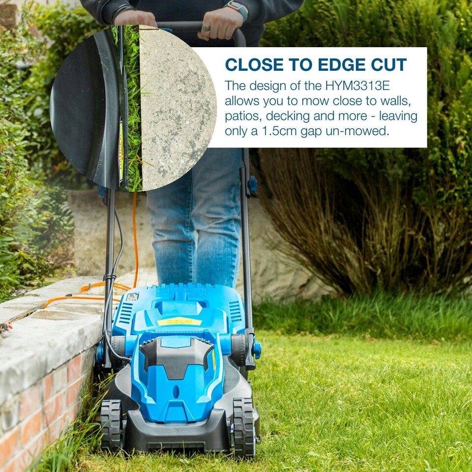 image 1 of Hyundai 33cm 1300W Electric Lawn Mower, 11m Detachable Power Cable, 3 Heights & 30L Collection Bag | HYM3313E