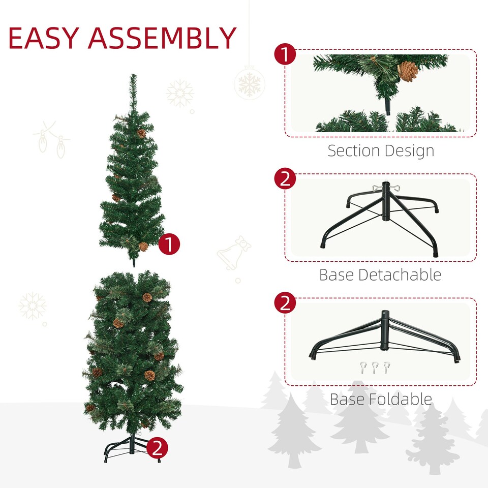 image 1 of HOMCOM 5.5FT Artificial Slim Christmas Tree Holiday Home Décor with Pine Cones