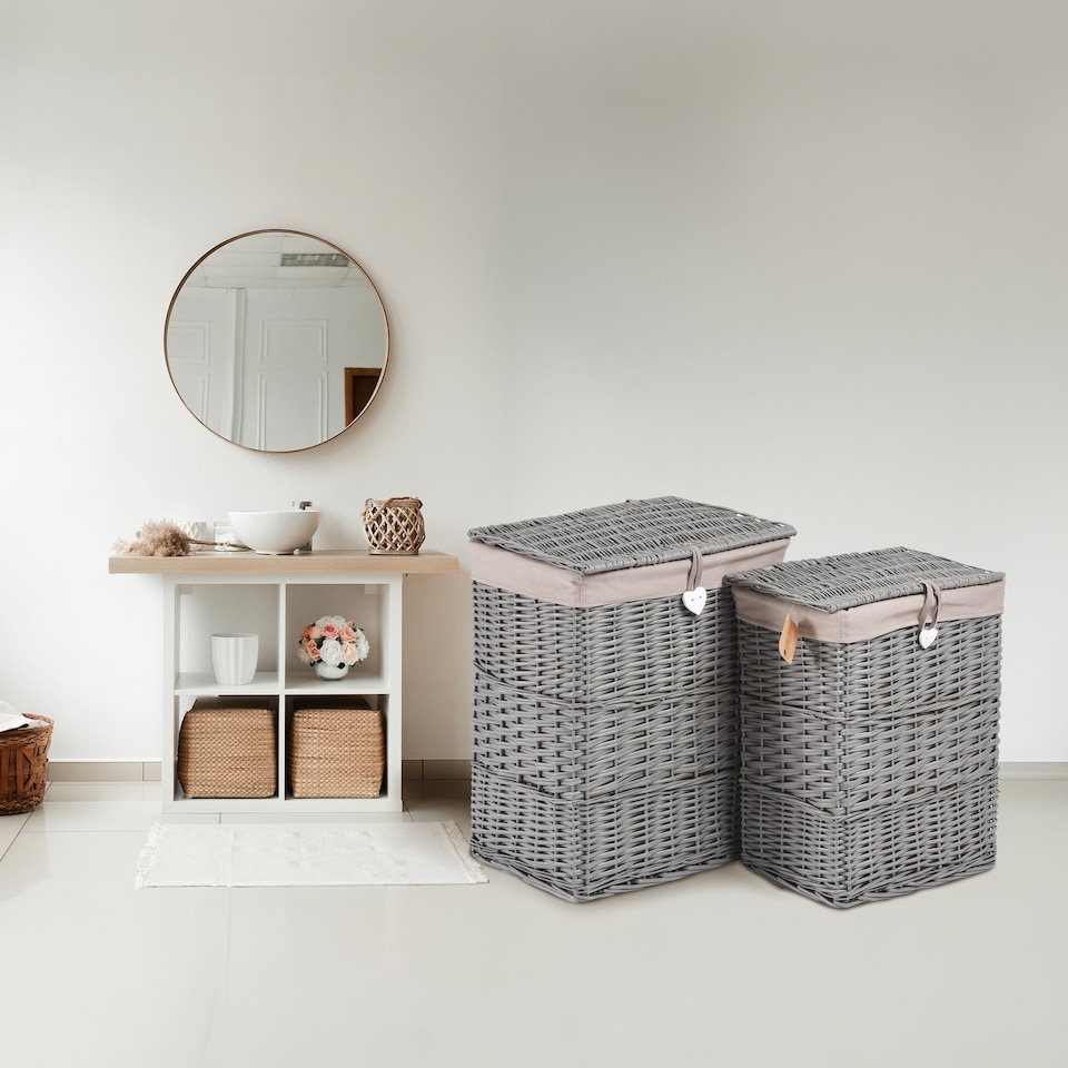 image 1 of Premium Grey Paint Wicker Laundry Basket Cotton Lining With Lid Bathroom Storage (Grey, Small)