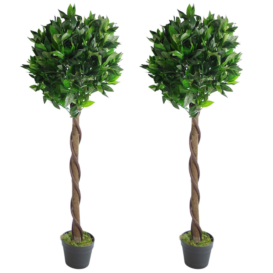 image 1 of Pair of 120cm (4ft) Twist Natural Artificial Topiary Bay Laurel Ball Trees | Green | 4ft