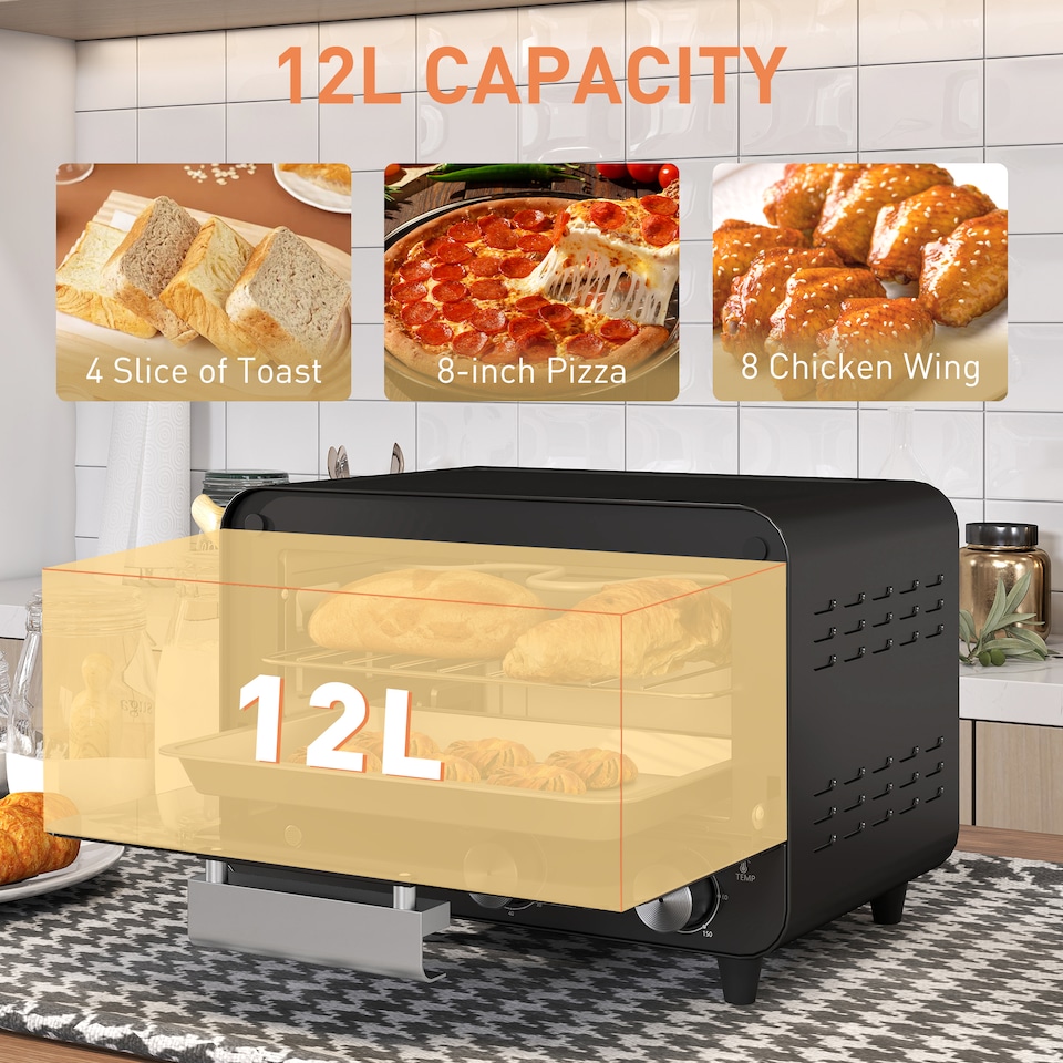 image 1 of HOMCOM Small Toaster Oven, 12L Mini Countertop Oven with Glass Door, Black
