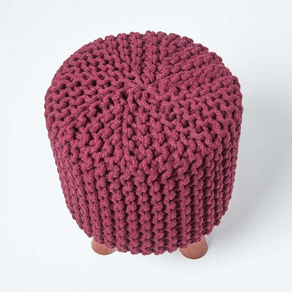 image 1 of Homescapes Plum Tall Cotton Knitted Footstool on Legs