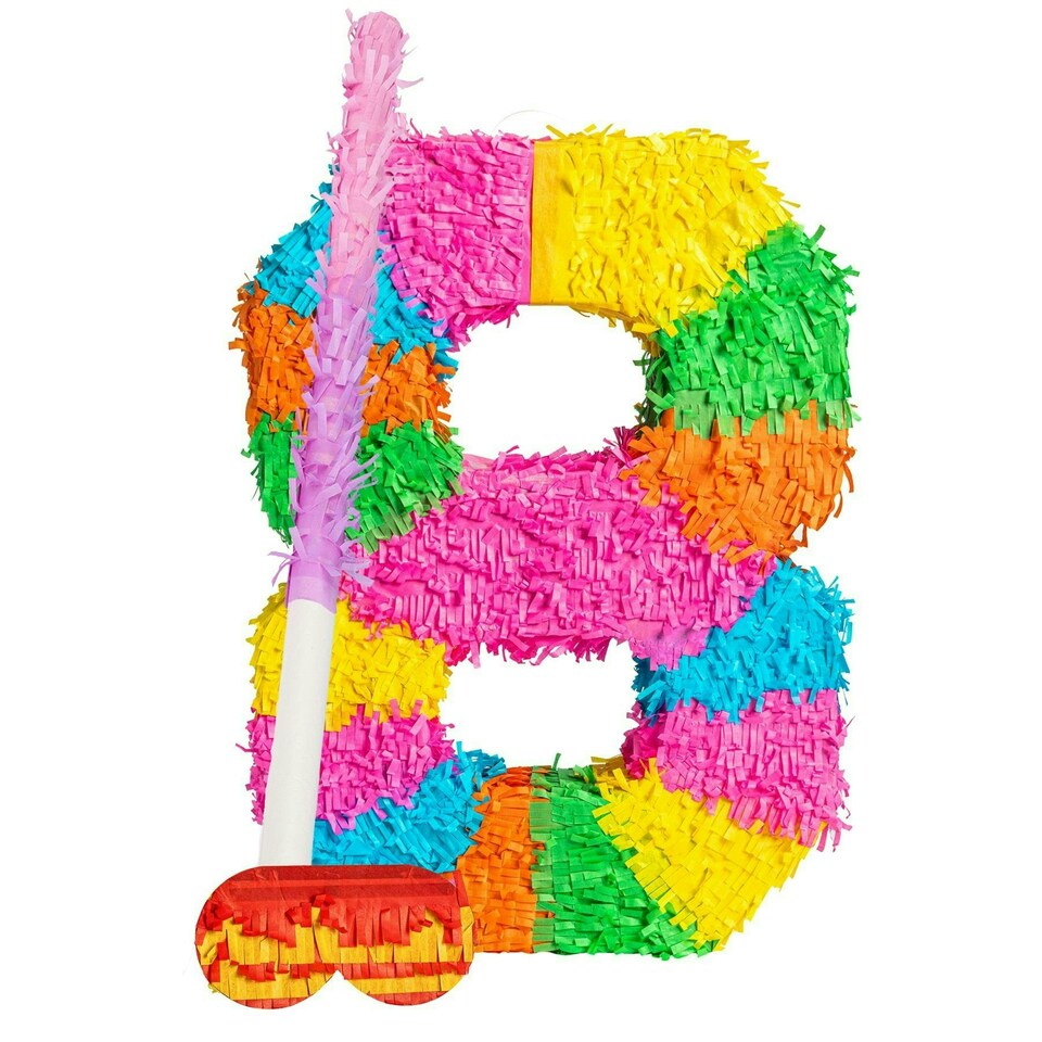 image 1 of Fax Potato Number 8 Pinata Set with Stick & Blindfold - Pink Stick