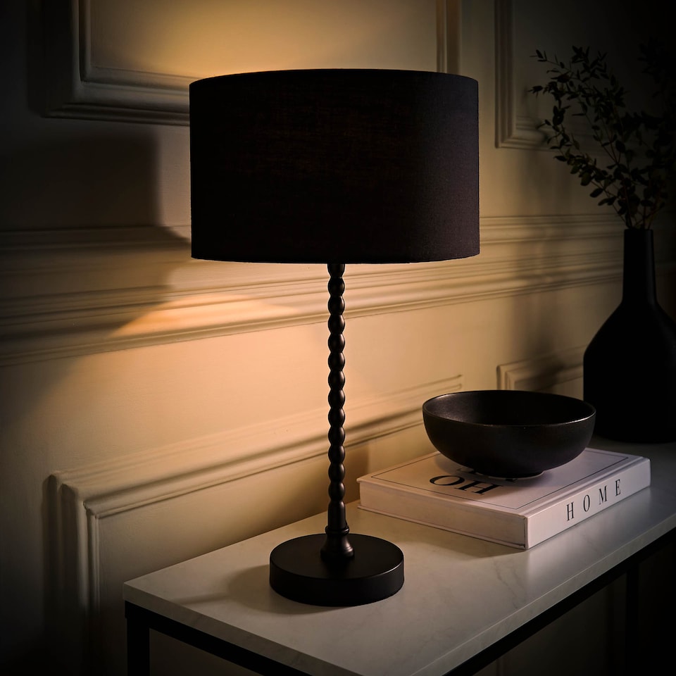 image 1 of ValueLights Maeve Black Fabric Drum Lamp Shade Matte Black Bobbin Bobble Table Lamp | Black