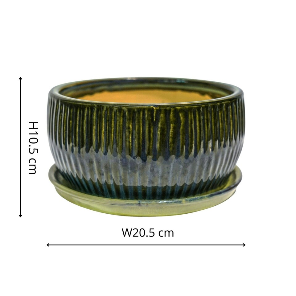 image 1 of Round Reactive Glaze Bonsai Planter Set of 2 - Cement - L24.5 x W24.5 x H12 cm - Emerald | Green