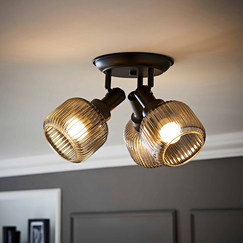 image 1 of ValueLights Calpe 3 Way Black Ceiling Light Ribbed Smoked Shades