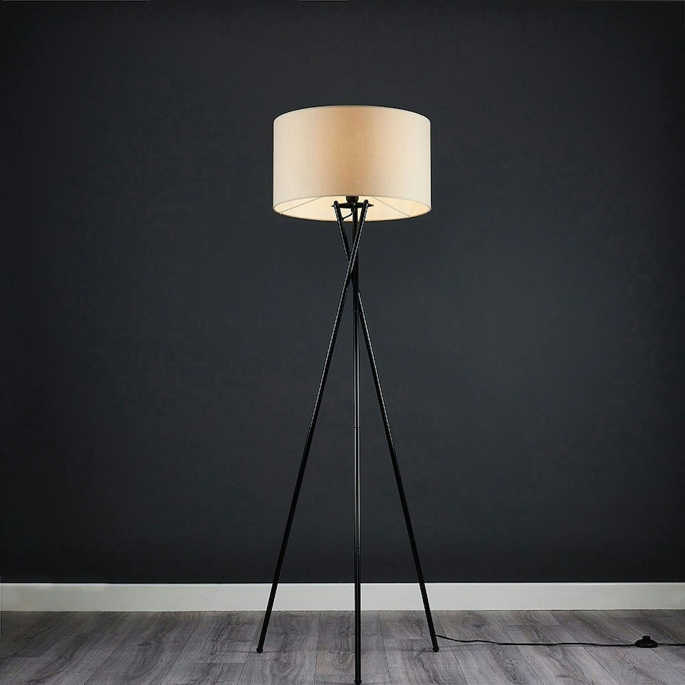 image 1 of ValueLights Camden Black Tripod Floor Lamp and Natural Drum Shade Cream