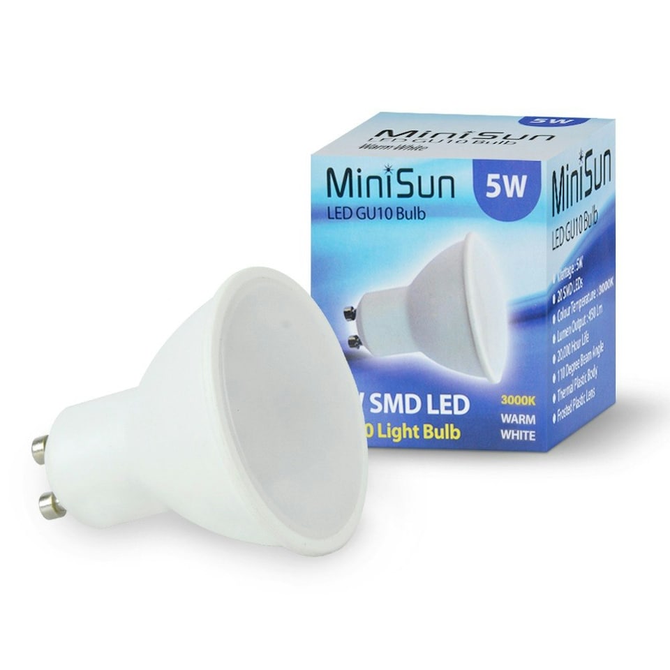 image 1 of ValueLights 10 Pack GU10 White Plastic Spotlight LED 5W Warm White 3000K 450lm Light Bulb