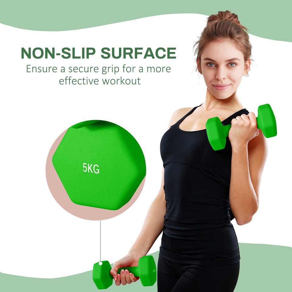 image 1 of SPORTNOW Set of 2 Hexagonal Dumbbells Weights Pair, 2 x 5kg, Green