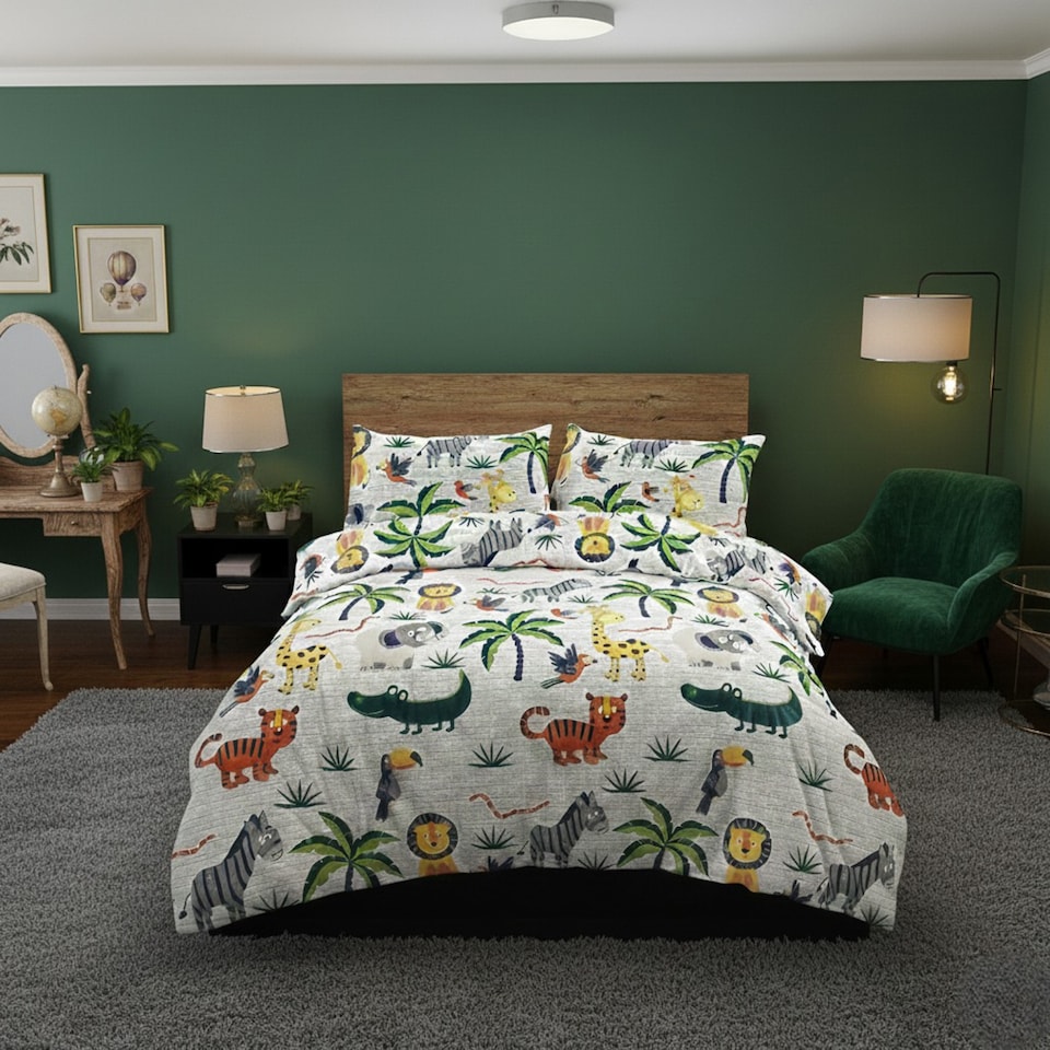 image 1 of Kids Jungle Animal Theme Duvet Cover Set Cute Colorful And Soft Bedding | White | Single