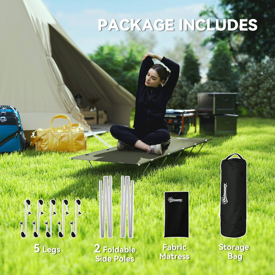 image 1 of Outsunny Lightweight Camping Cot Portable Compact Sleeping Bed w/ Carry Bag Green | Green