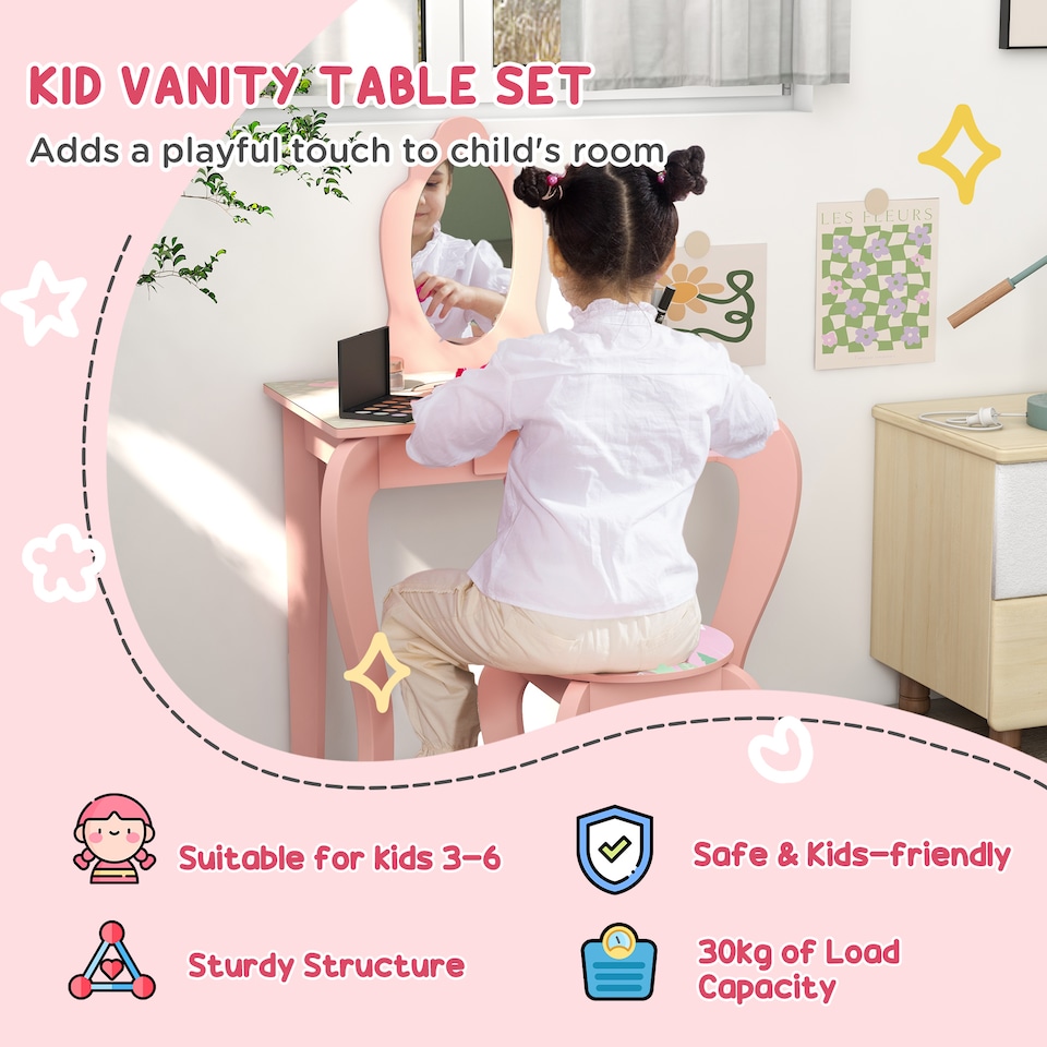 image 1 of ZONEKIZ Kids Dressing Table with Mirror and Stool, Girls Vanity Table Makeup Desk with Drawer, Cute Animal Design, for Ages 3-6 Years, Pink