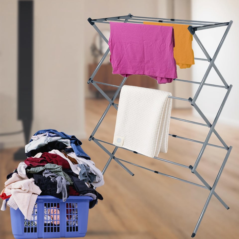 image 1 of 3 Tier Extendable Winged Clothes Airer Folding Laundry Drying Rack for Indoor/Outdoor Use